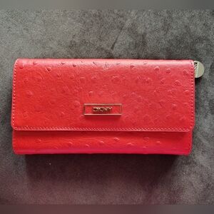 DKNY Red Leather Ostrich Embossed Continental Wallet